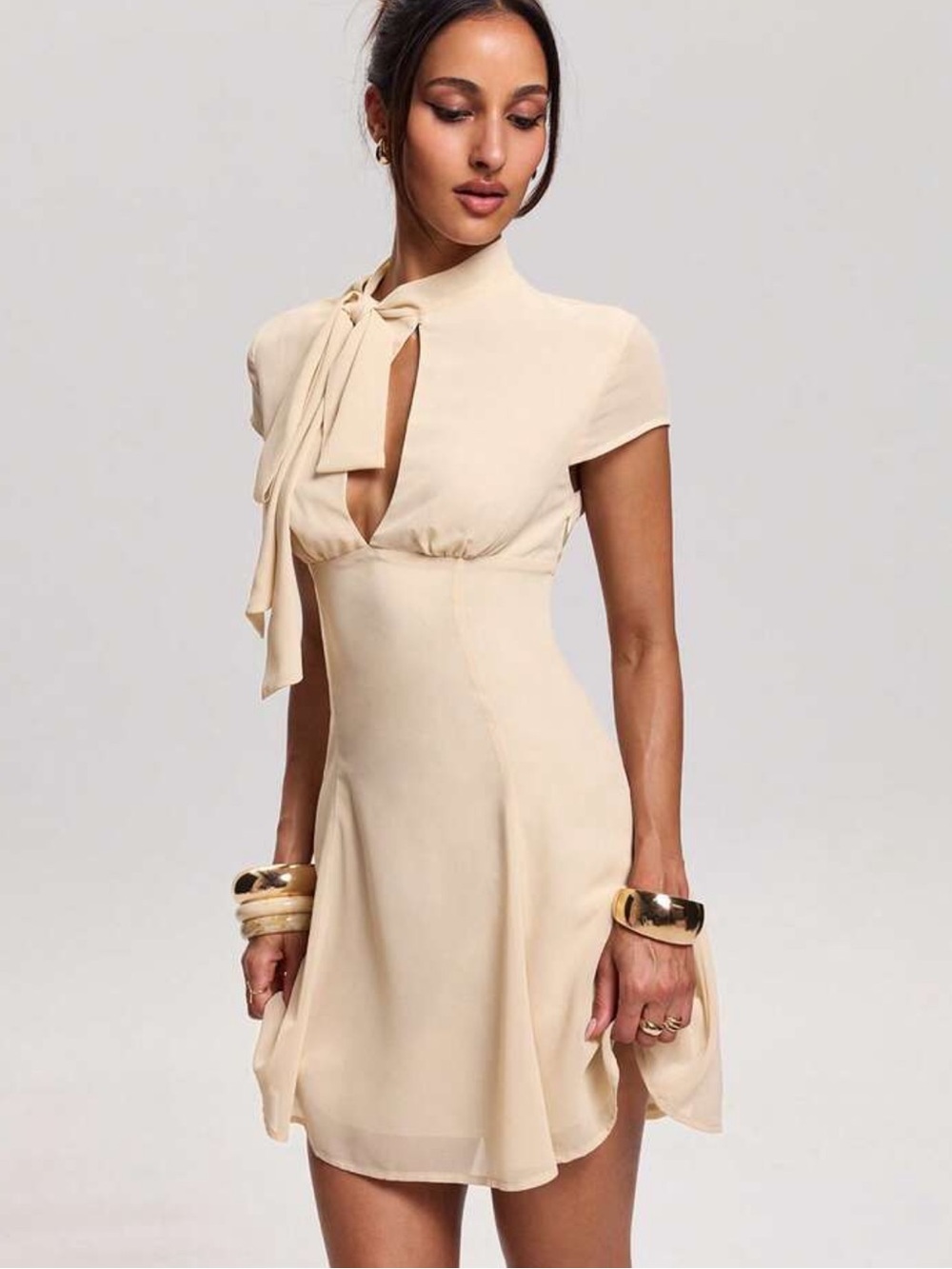 Cream Tie-Neck Cutout A-Line Mini Dress Size 4 Small